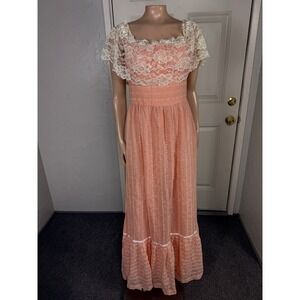 Vintage 70's Handmade Women's Dress Prairie Floral Cotton Lace Bridesmaid N10